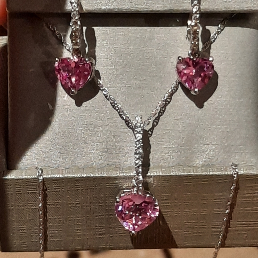 PEOPLE'S JEWELERS PINK & WHITE TOPAZ NECKLACE & EARRINGS SET STERLING SILVER 💘